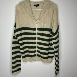 Large, hooded,  two toned beige cardigan.